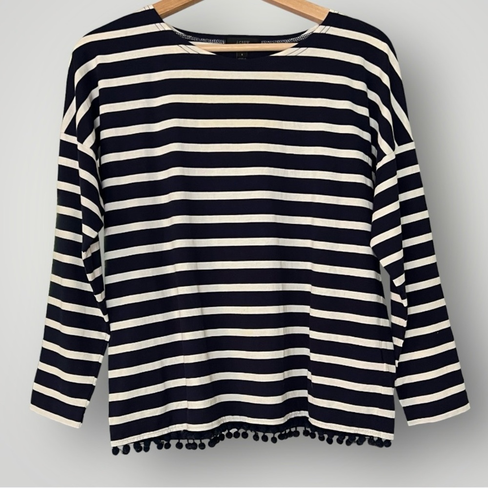 J. Crew Women’s Size S  Navy White Stripe Long Sleeve Pompom Trim Nautical Shirt